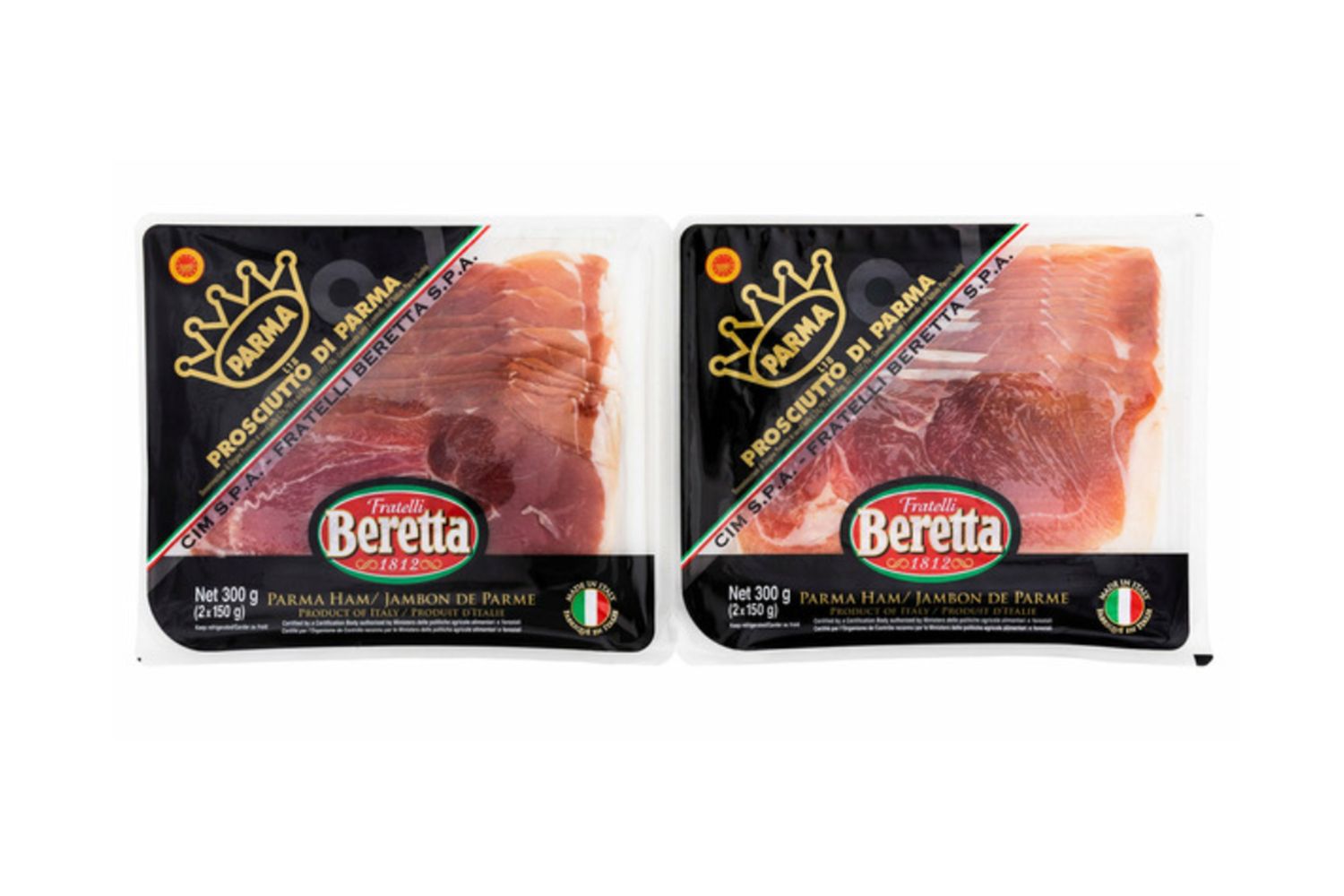 Two packs of Beretta Prosciutto di Parma ham in sealed packaging