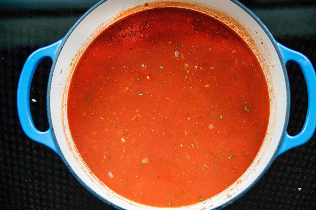 Tomato Spinach Tortellini - shot of tomato soup in a potSoup