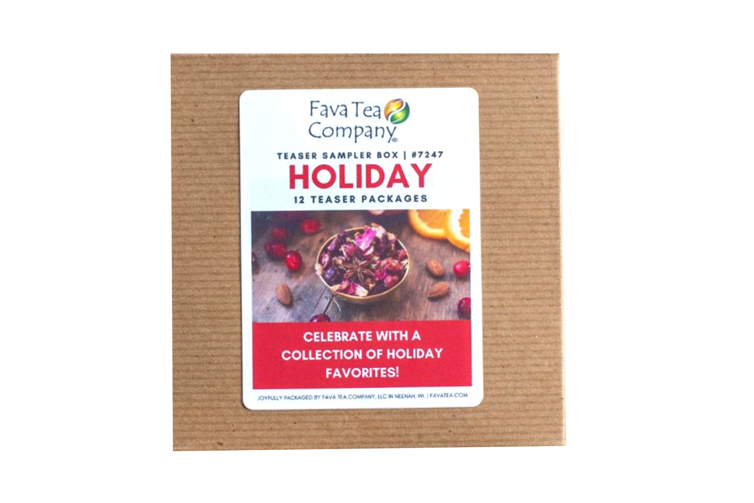 A brown paper box with a label that says "Fava Tea Company Holiday Teaser Sampler Box"