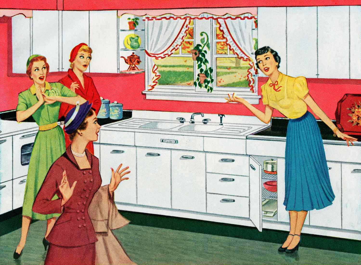 Four women in a vintagestyle kitchen one gesturing with a surprised expression others reacting similarly