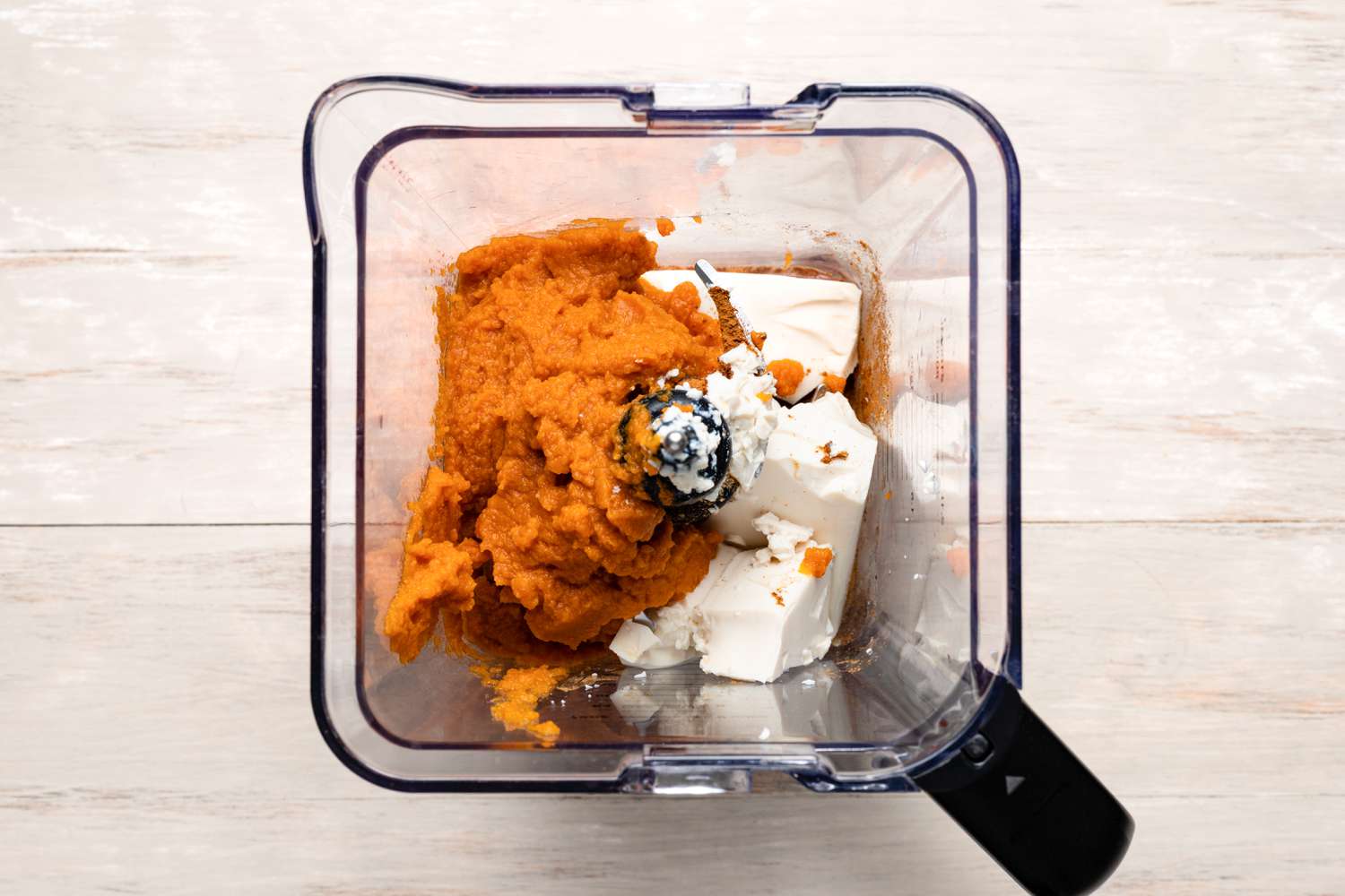 Pumpkin Puree and Silken Tofu in a Blender for Vegan Pumpkin Pie Recipe