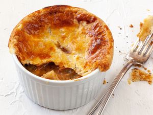 Cajun turkey pot pie in a ramekin.