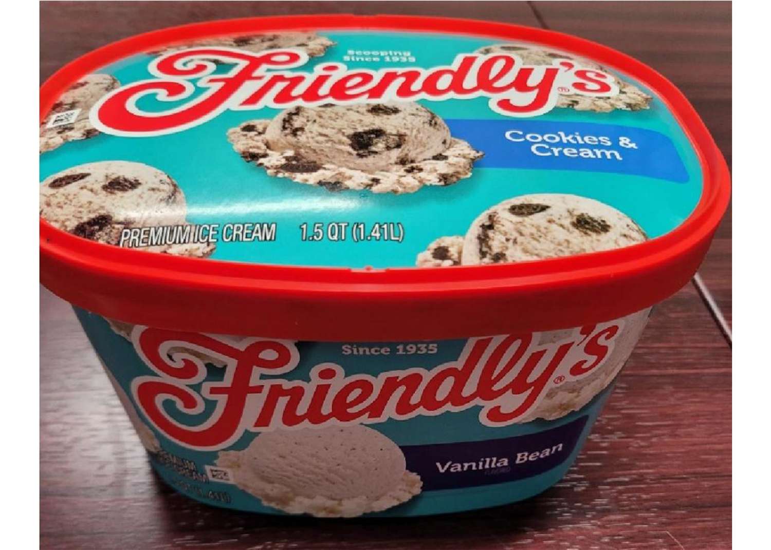 Friendlys ice cream container labeled Cookies Cream and Vanilla Bean flavors