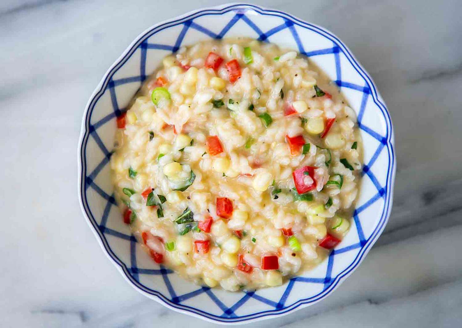 summer vegetable risotto in a bowl