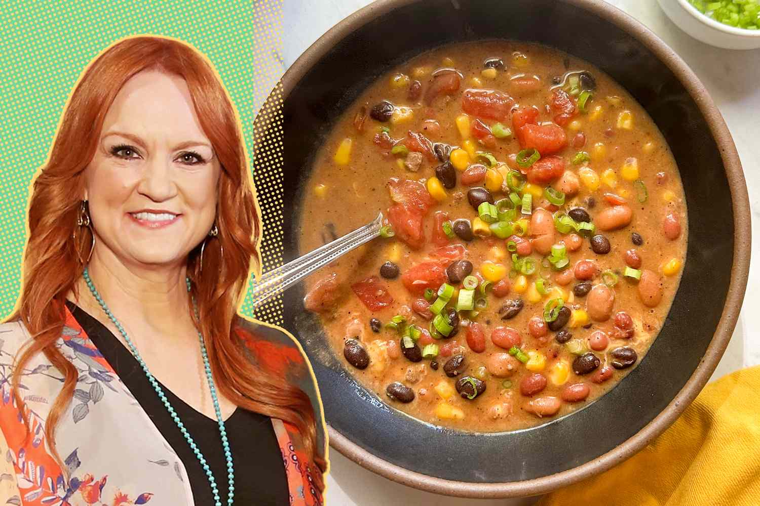 A split image of Ree Drummond and a bowl of mixed bean soup