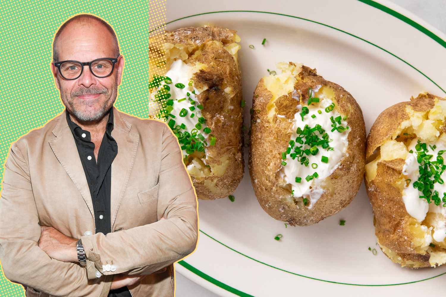 Alton Brown next to a plate of three baked potatoes prepared with toppings such as sour cream and chives