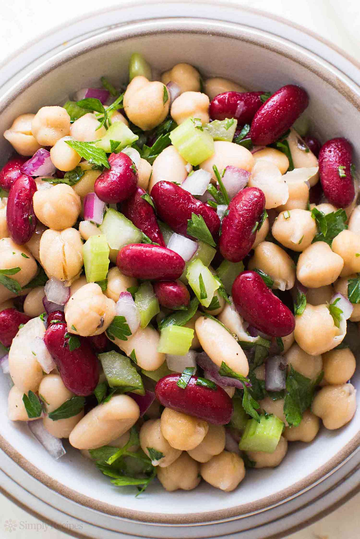 Overhead of a three bean salad in a bowl