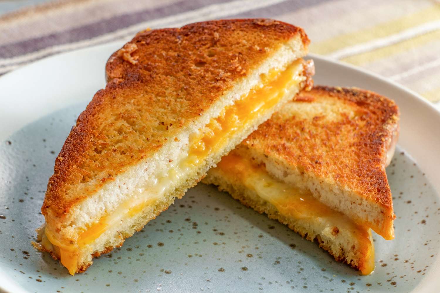 Side view of a grilled cheese sandwich on a toast, cut in half and placed on a plate