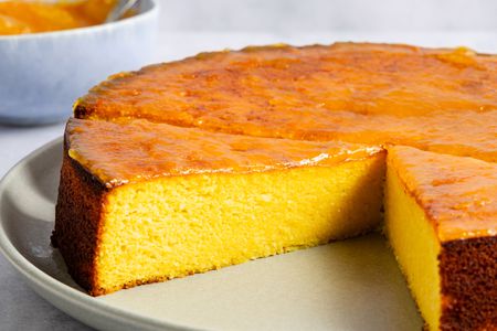 Whole Orange Cake, close up, 2 slices cut out