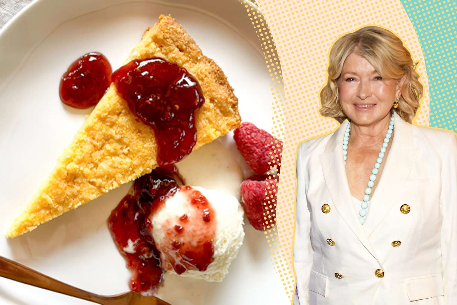 A slice of dense cornmeal cake next to a photo of Martha Stewart in a white double-breasted blazer