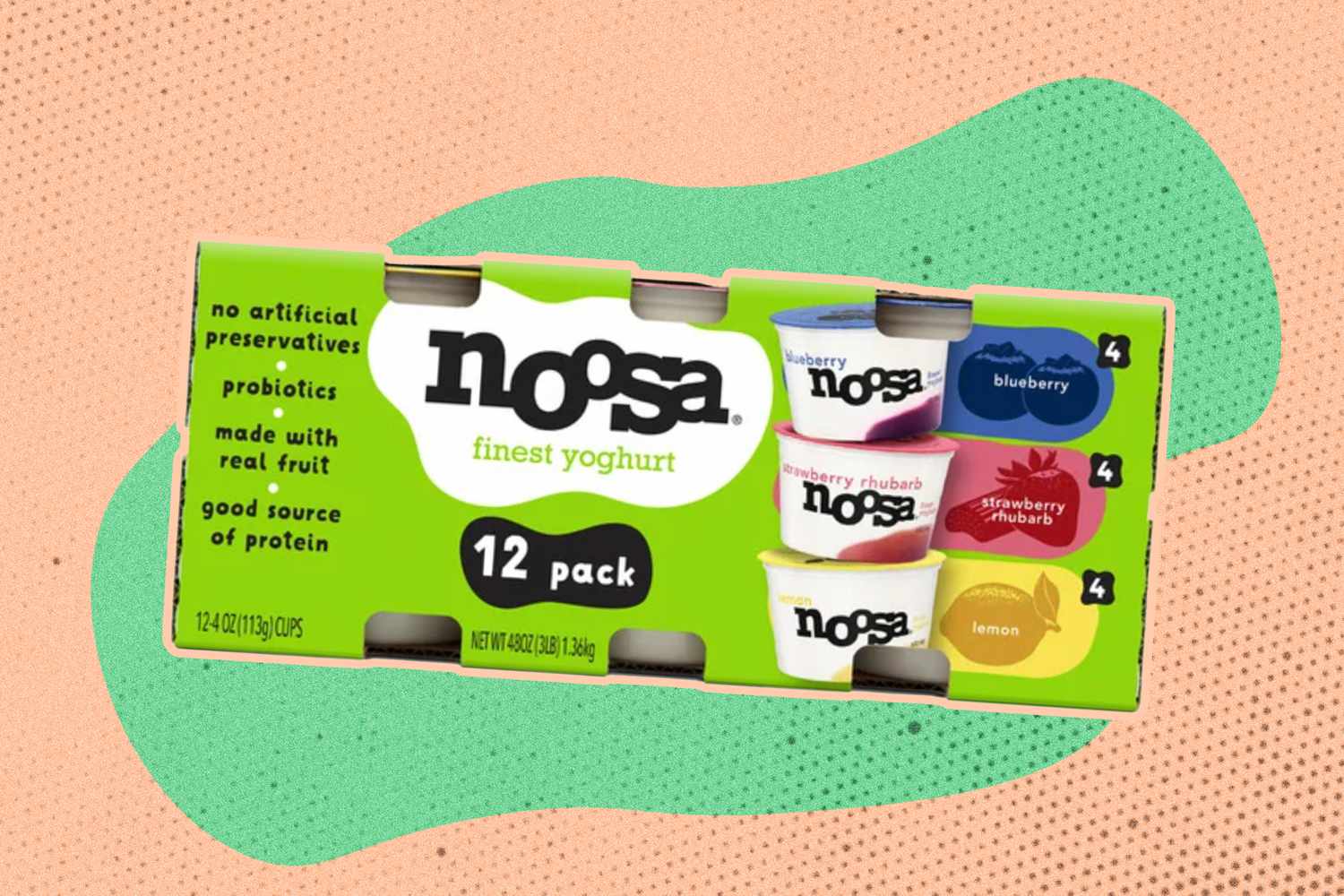 A 12-pack box of Noosa yoghurt with assorted flavors displayed on a colorful dotted background