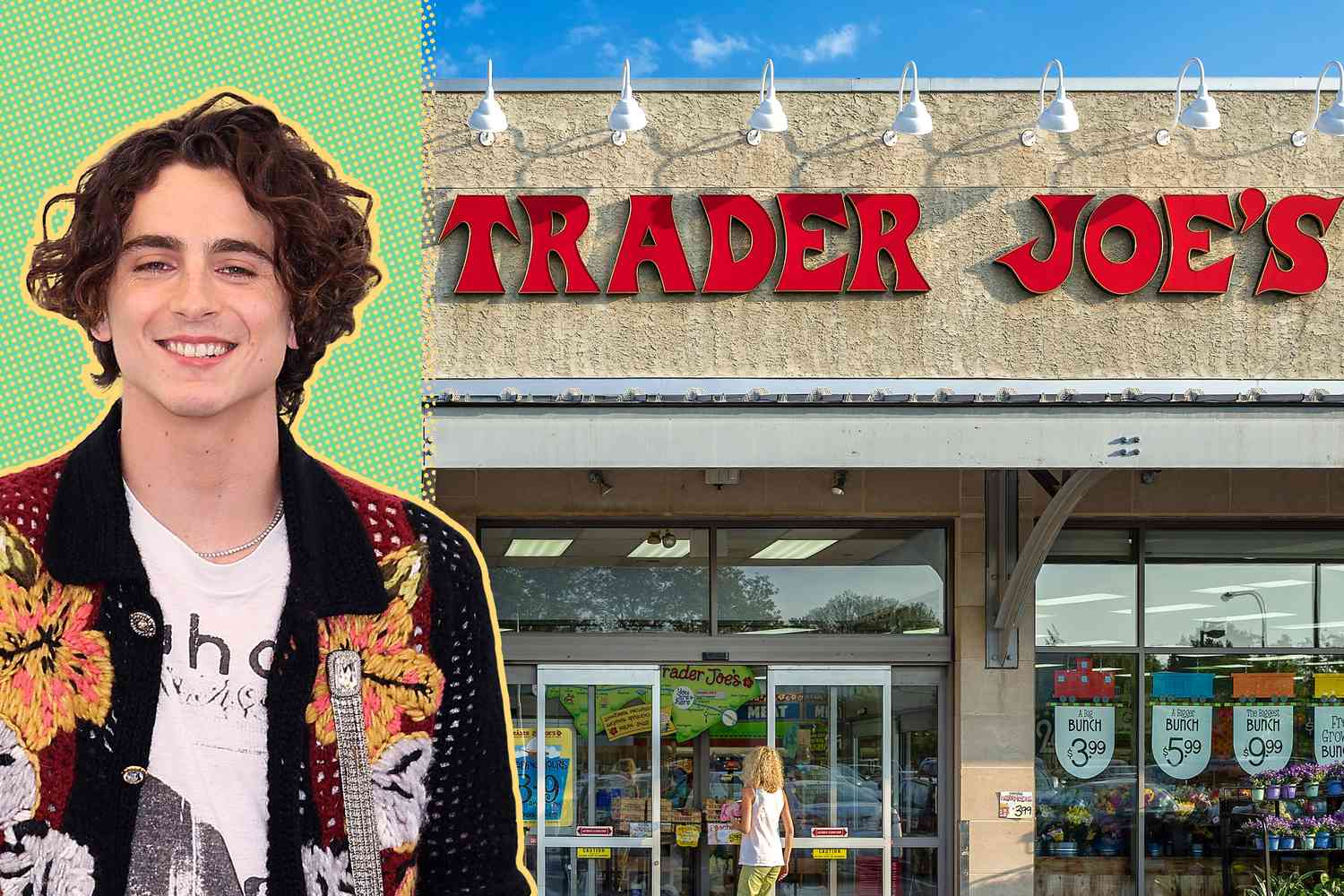 TimothÃ©e Chalamet headshot + Trader Joe's storefront