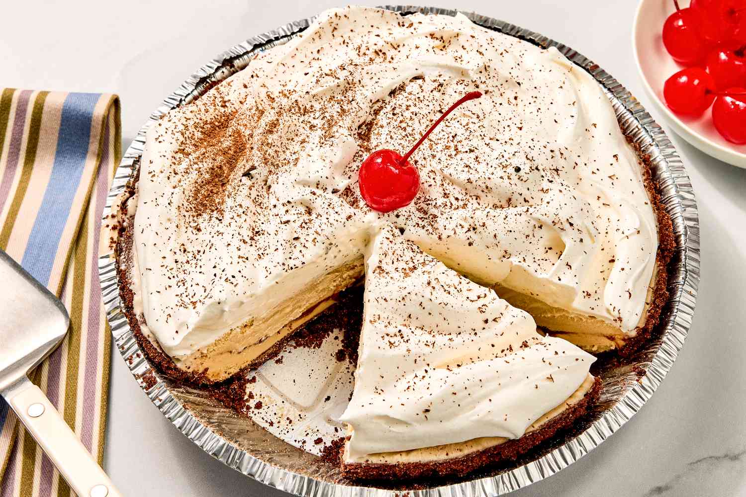 overhead view of Easy Bushwacker Pie, one slice removed