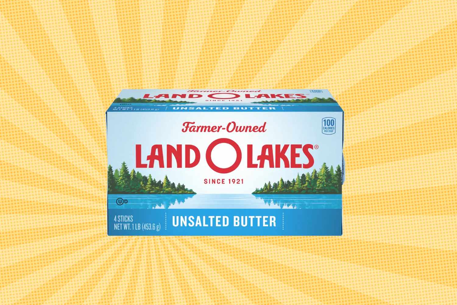 Package of Land OLakes unsalted butter with a yellow backdrop and radiating lines
