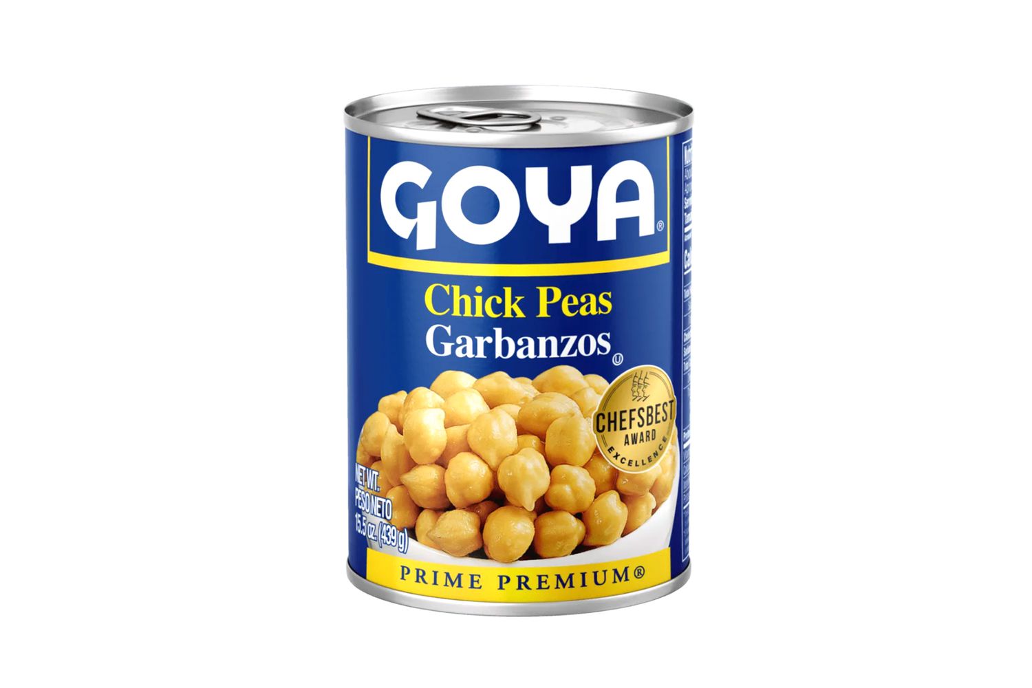 Goya brand chickpeas in a can labeled "Chick Peas Garbanzos" with a Chef's Best Award seal