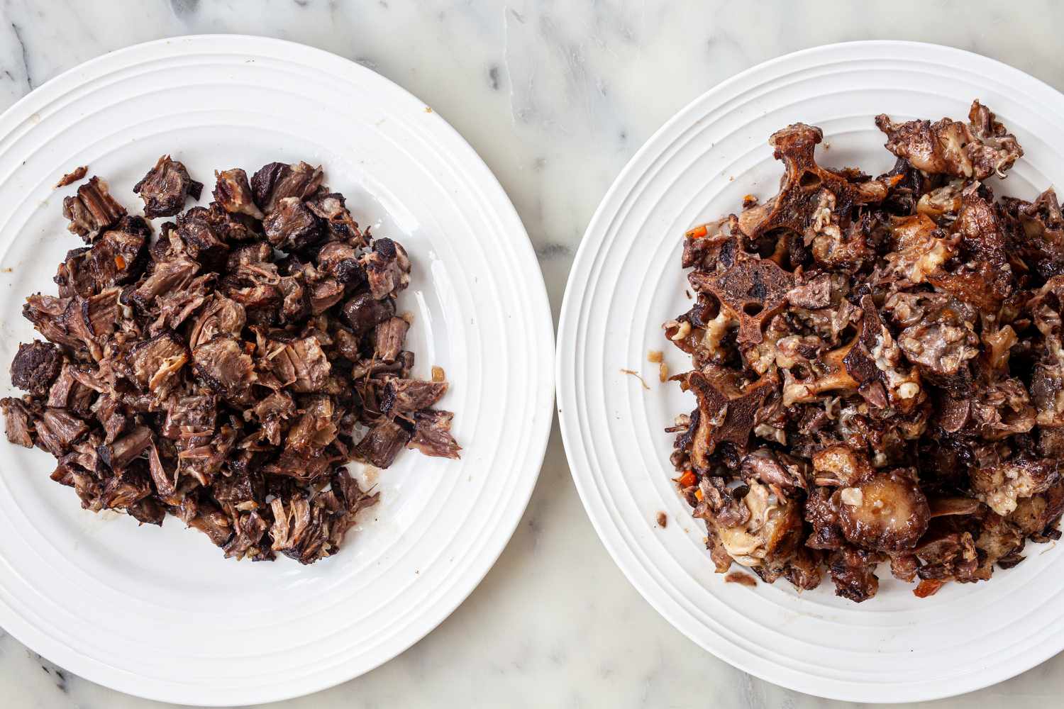 Shredded oxtails for an braised oxtail recipe.