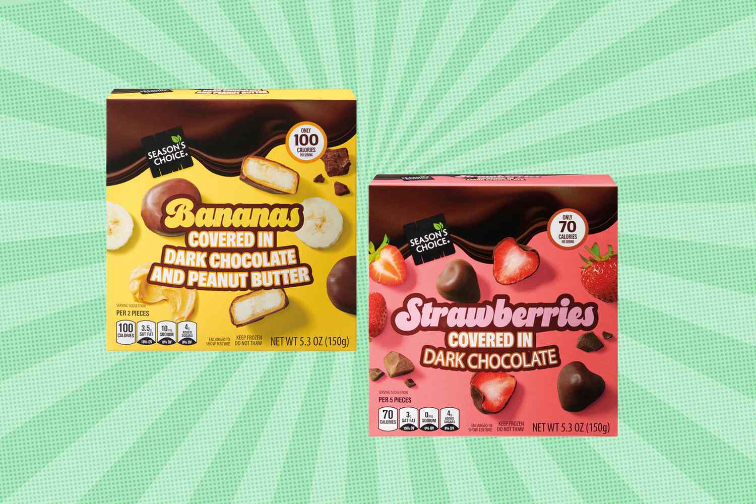 Two packs of Simply Nature chocolatecovered fruit snacks bananas with peanut butter and strawberries in dark chocolate
