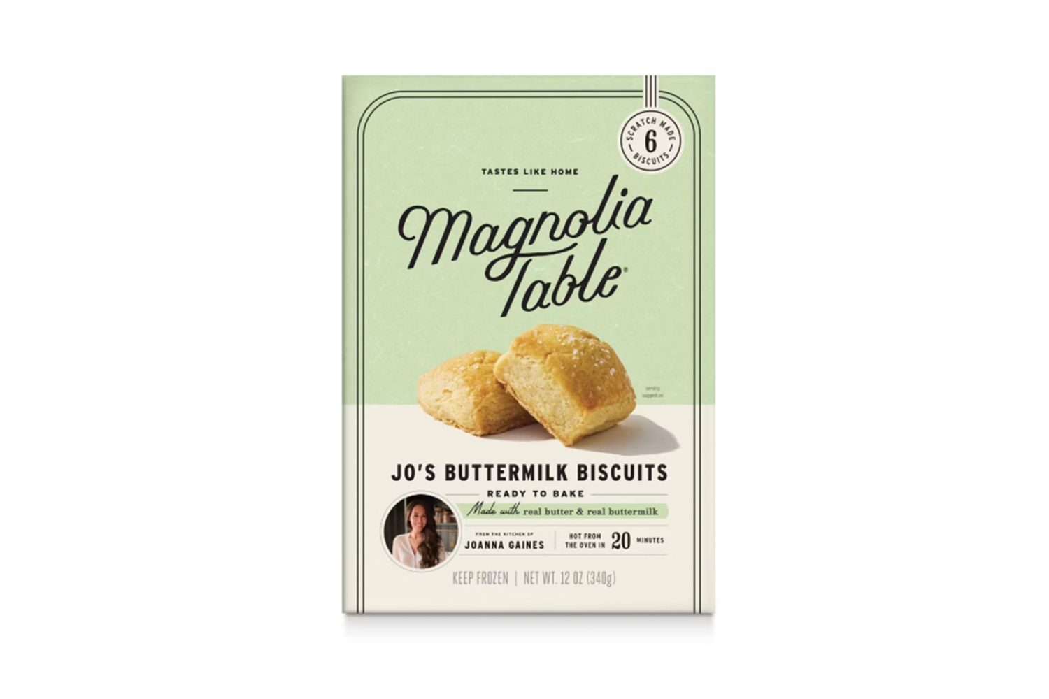Magnolia Table Jos Buttermilk Biscuits packaging showing biscuit image and Joanna Gaines mentioned