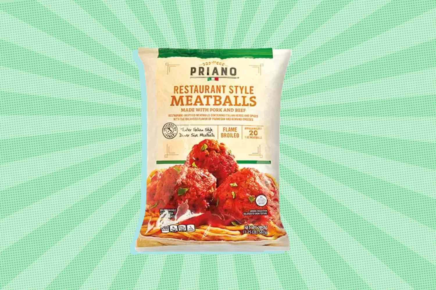 A bag of ALDI restaurant style meatballs on a green illustrated background