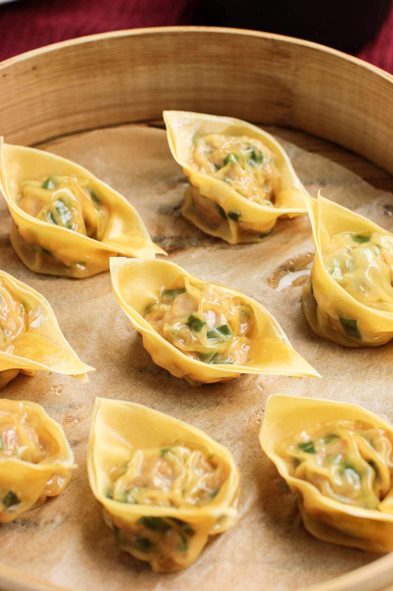 Pork and Chive Dumplings in a Lined Bamboo Steamer