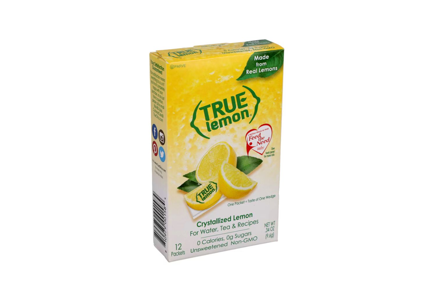 Box of True Lemon crystallized lemon packets for beverages, featuring an illustration of lemons on the packaging