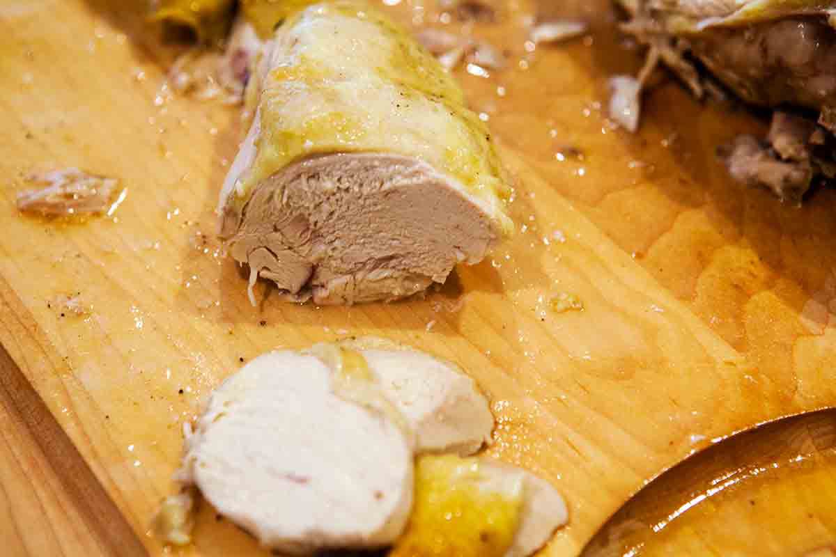 cut chicken breast crosswise to serve with grapes