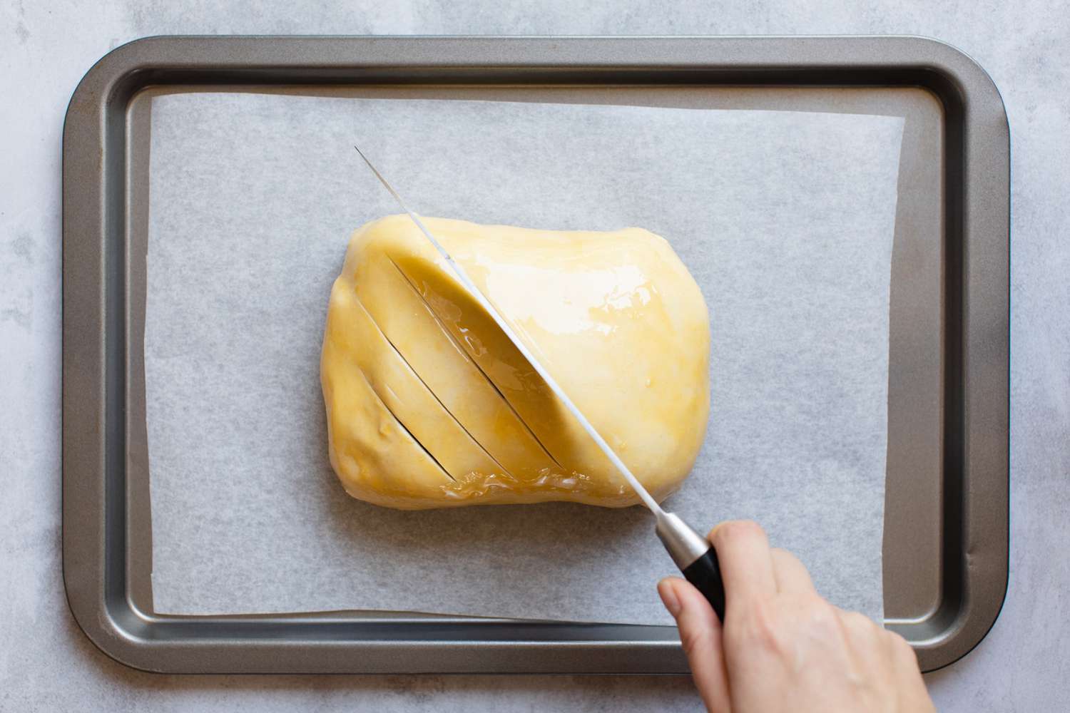 Beef Wellington Scored with a Knife