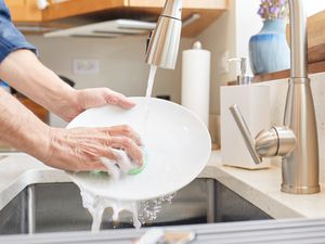 Washing dishes in sink