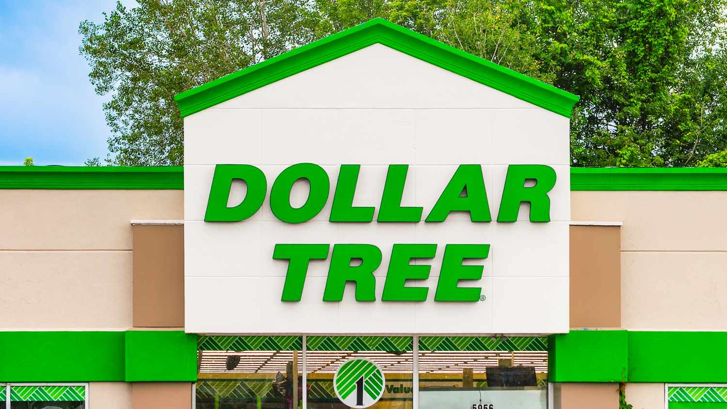 Dollar Tree store entrance with green and white signage