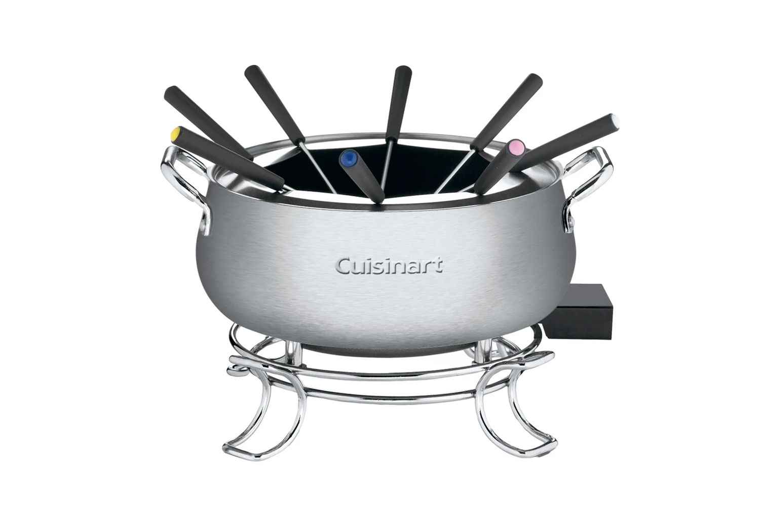 Cuisinart fondue pot with several forks resting on its rim