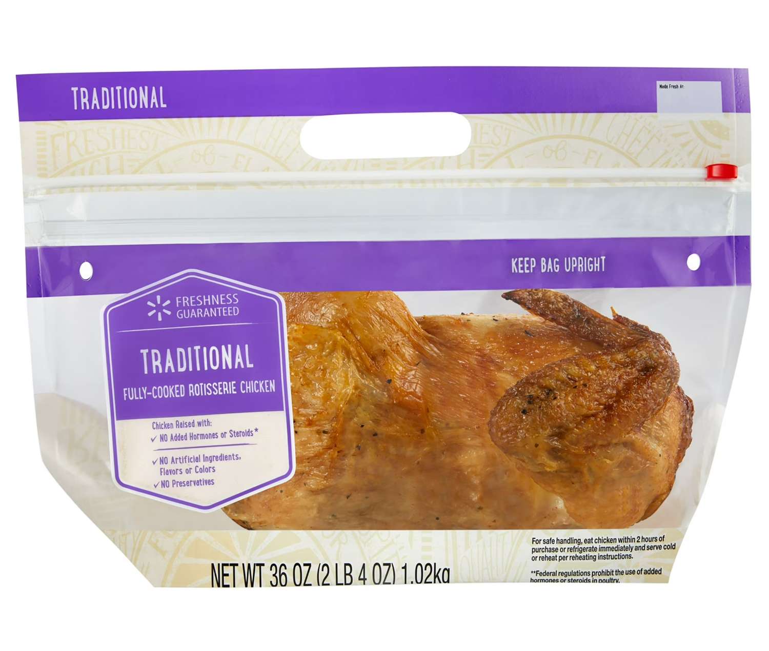 Packaged rotisserie chicken labeled Traditional fully cooked and ready to eat