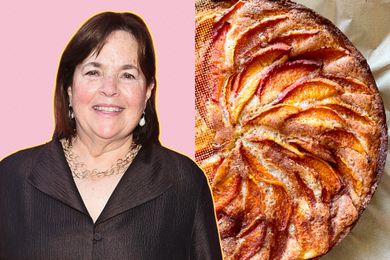 A split image of Ina Garten and a peach tart