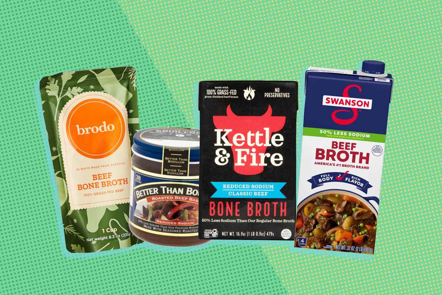 Four packaged beef broths from different brands displayed against a green background