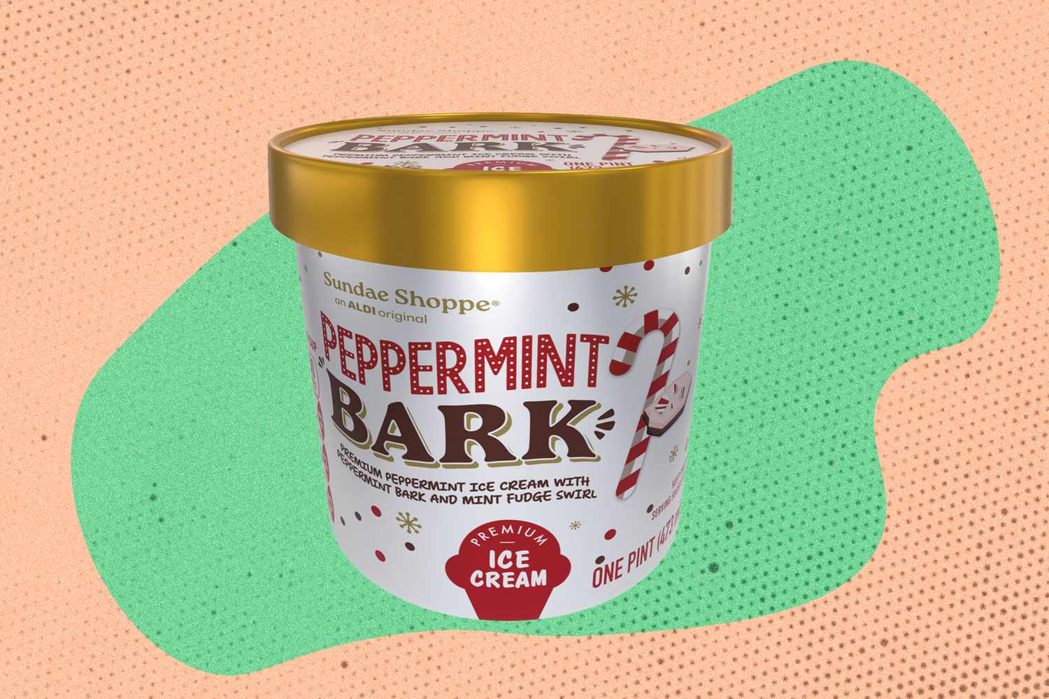 Tub of Sundae Shoppe Peppermint Bark ice cream with holidaythemed packaging on a colorful background