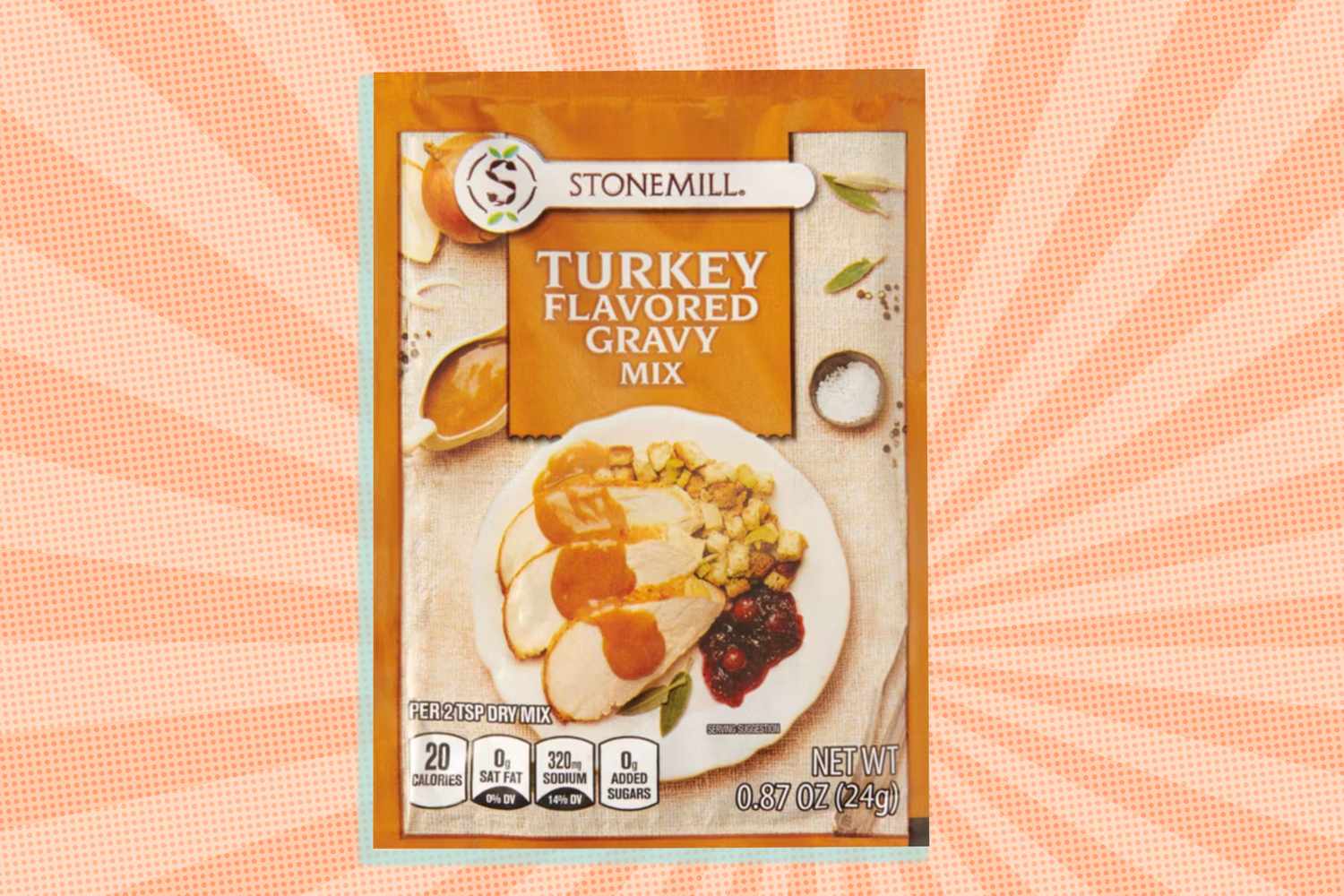 Package of Stonemill Turkey Flavored Gravy Mix showcasing a turkey dinner serving suggestion