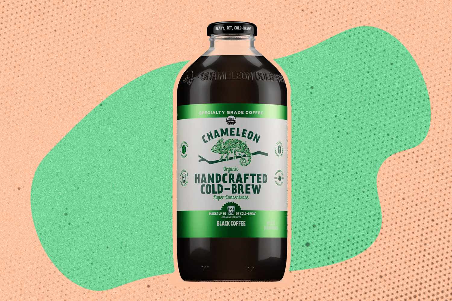 A Chameleon Handcrafted Cold-Brew bottle on a green and pink illustrated background