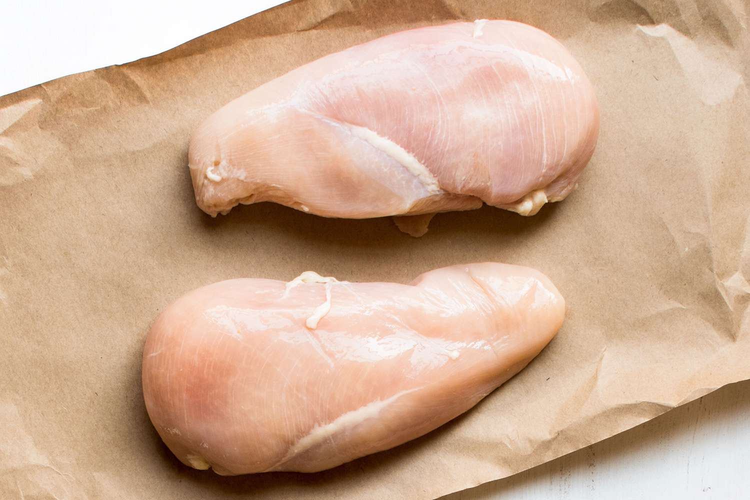 Two chicken breasts on brown paper