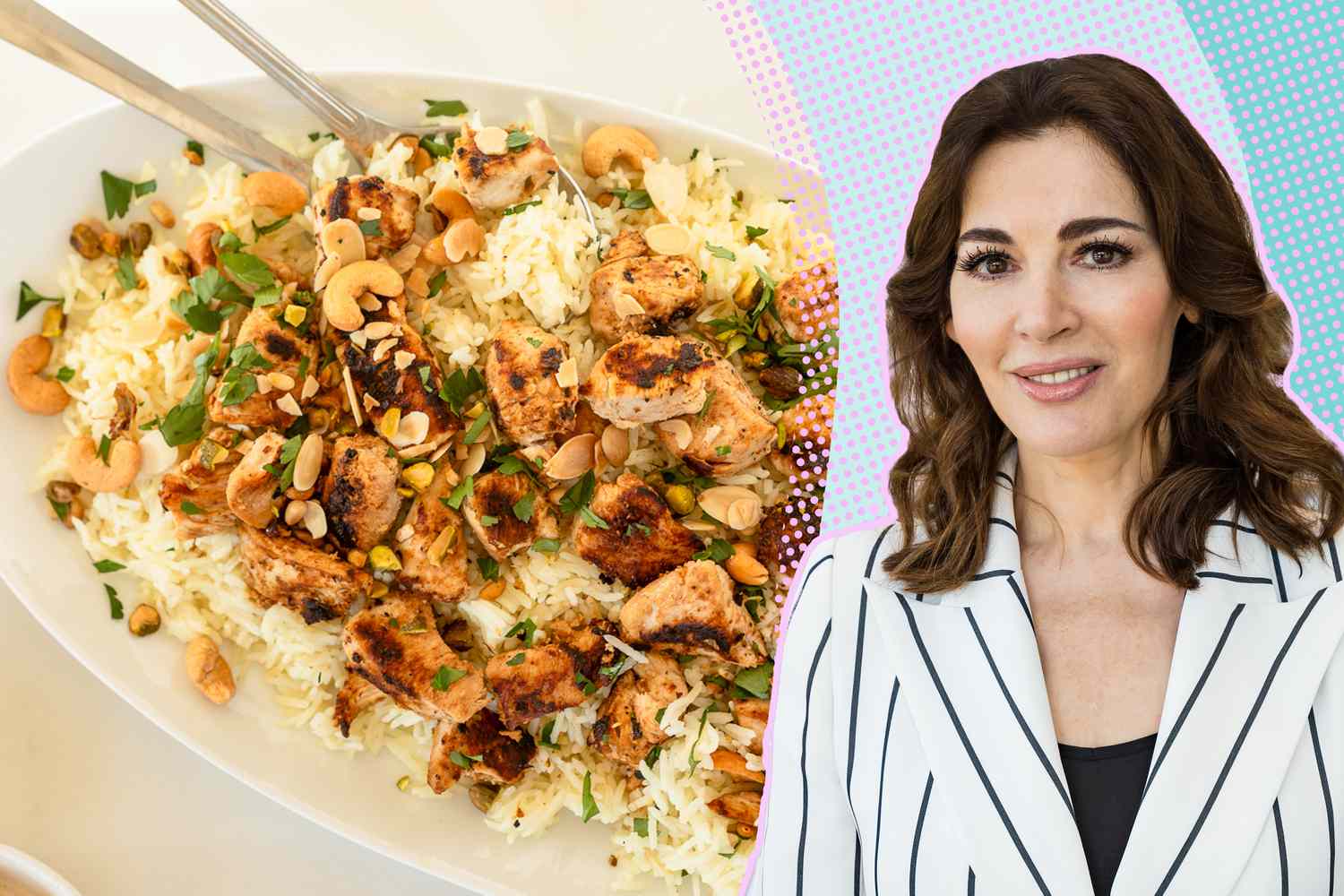 A split image of a serving dish with chicken chunks over a bead of rice, and Nigella Lawson