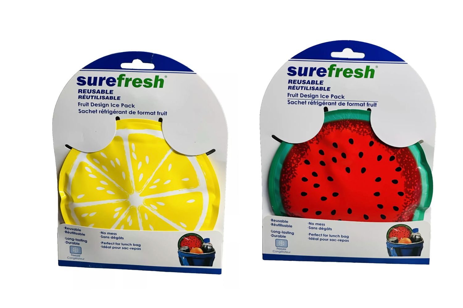 Reusable fruit-themed ice packs, one with a lemon design and one with a watermelon design
