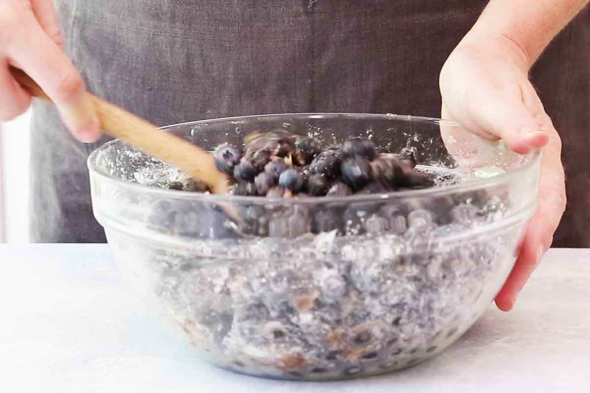 Blueberries being stirred together with spices and seasonings in a bowl 