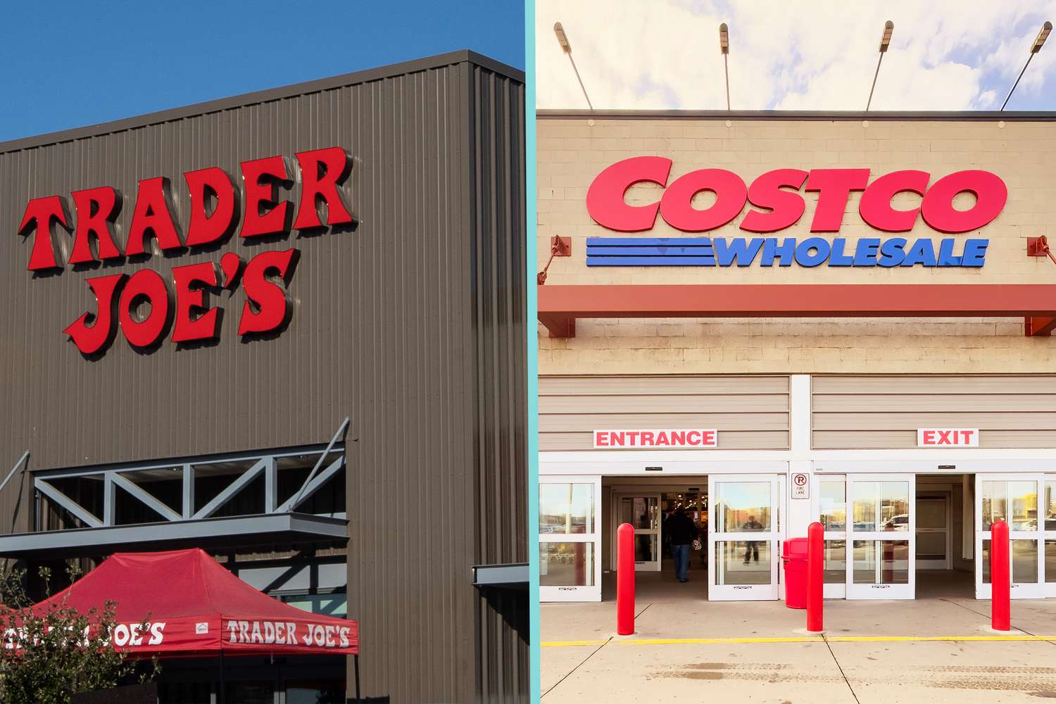 Split image of a Trader Joe's store on the left and Costco Wholesale store on the right