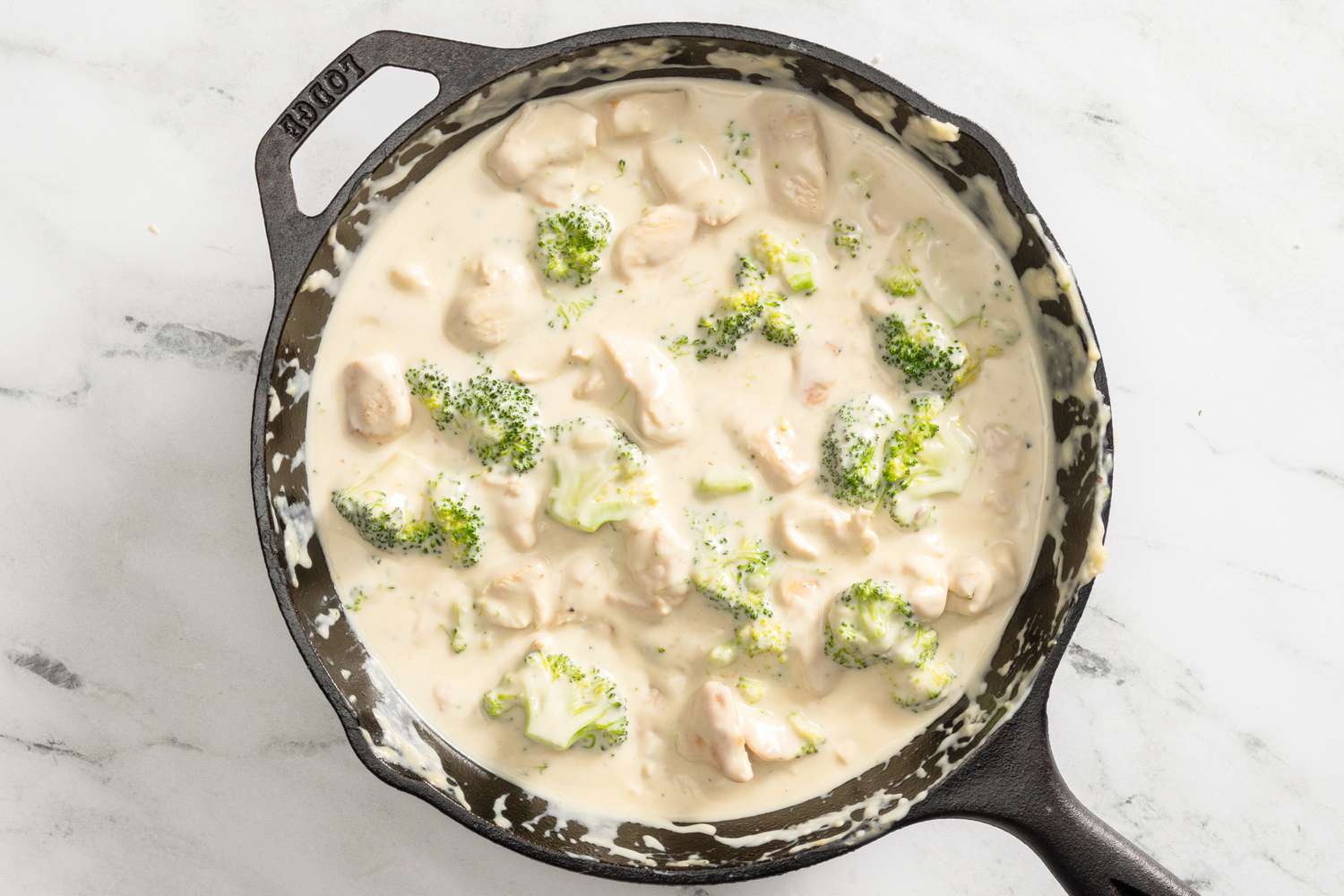 chicken divan in a skillet (not cooked under the broiler yet)