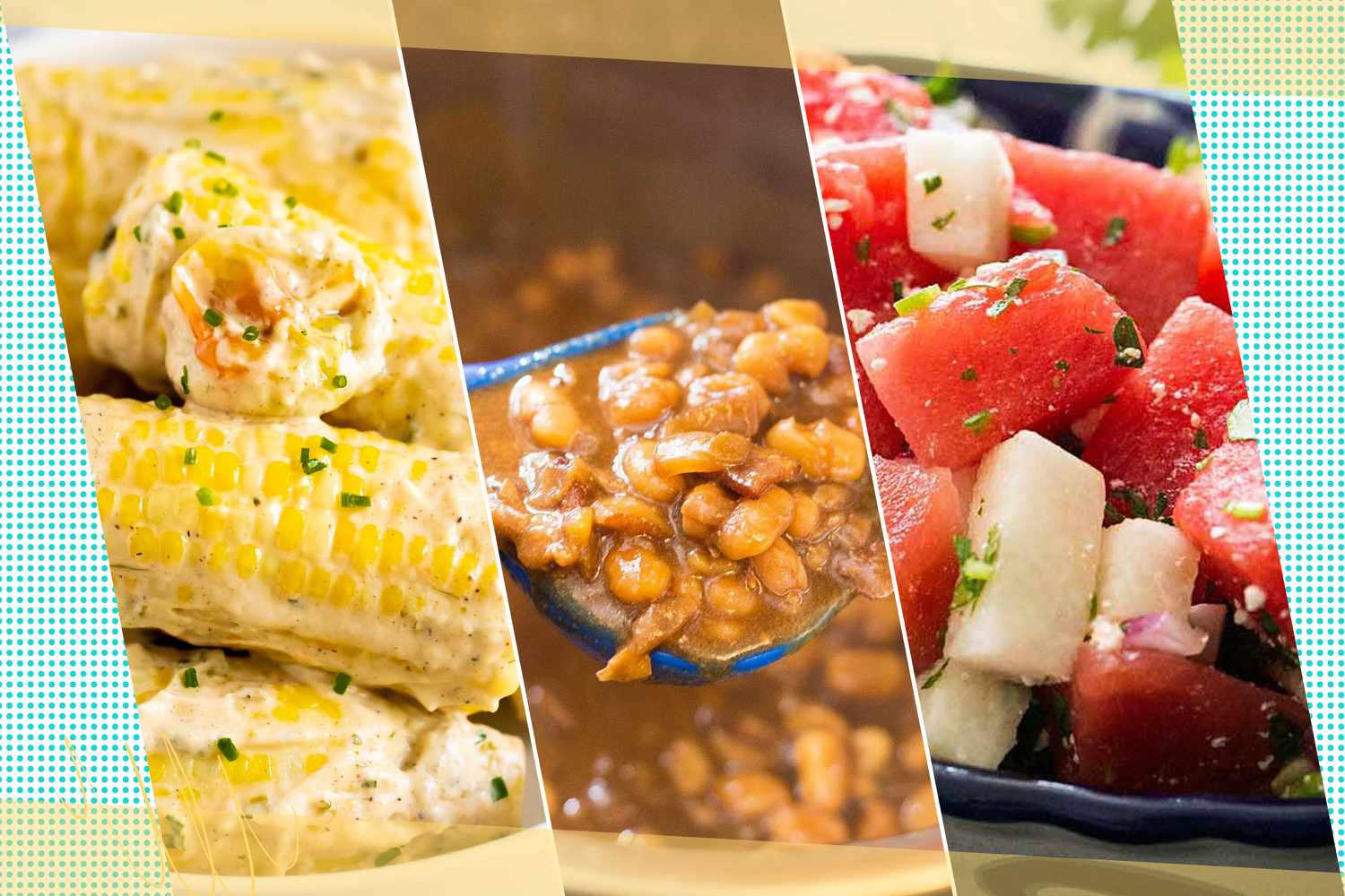 photocollage of three cookout sides: corn, beans, and watermelon
