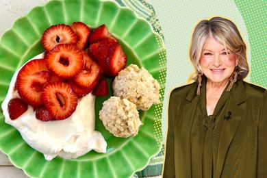 martha stewart cut-out over a green background next to a photo of her rustic almond macarons served with strawberry slices and whipped cream