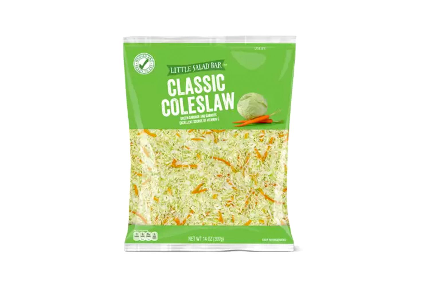 Packaged classic coleslaw labeled 'Little Salad Bar' in green packaging