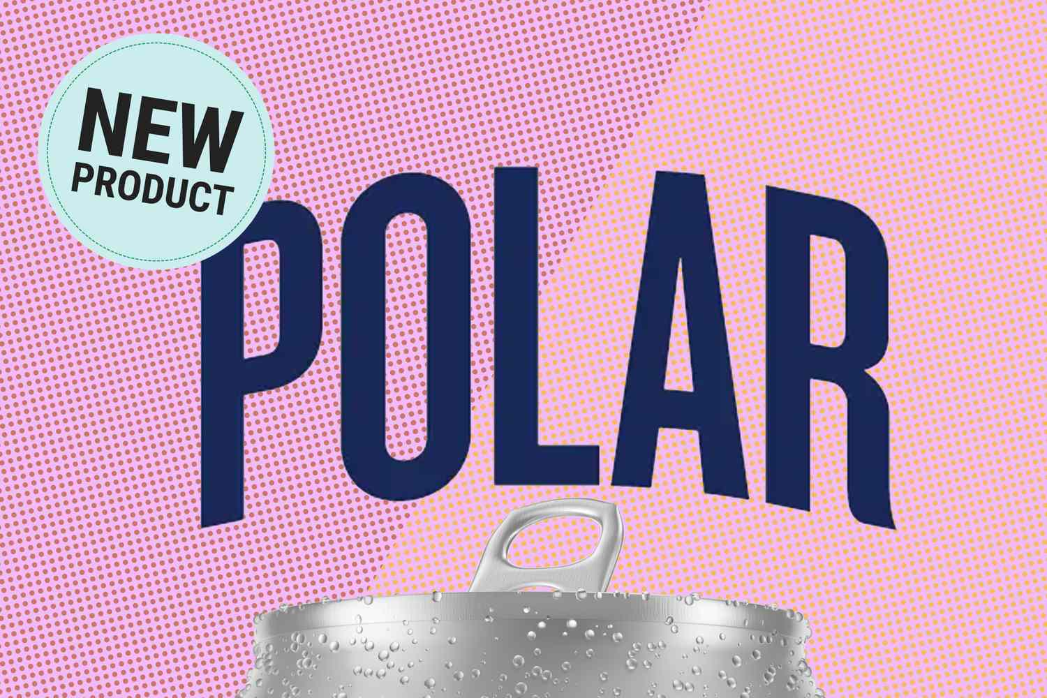 Promotional text saying Polar and New Product above the top of a beverage can against a colorful background