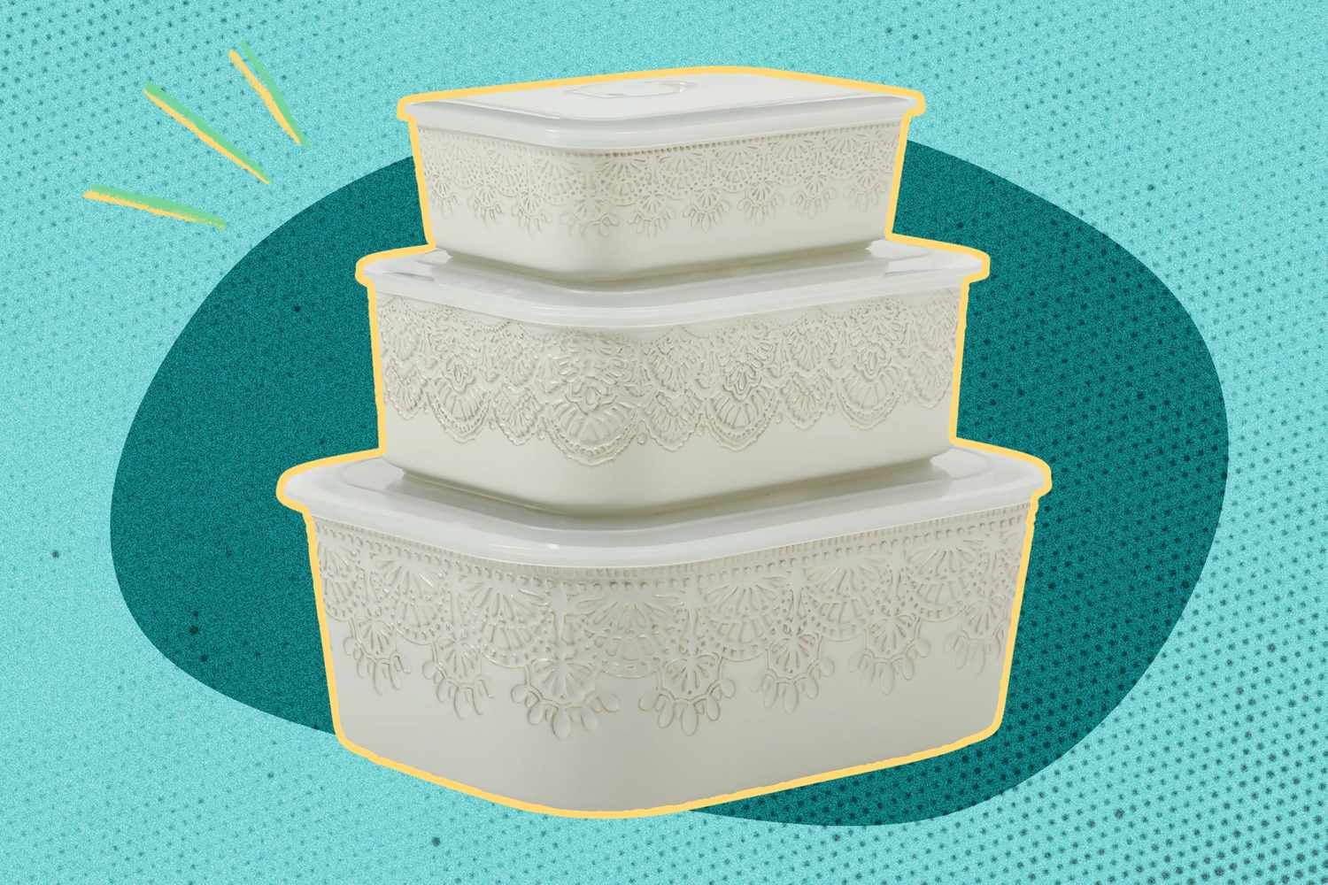 A stack of three intricately designed baking dishes on a colorful background