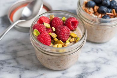 Easy overnight oats in a jar with fruit and nuts on top
