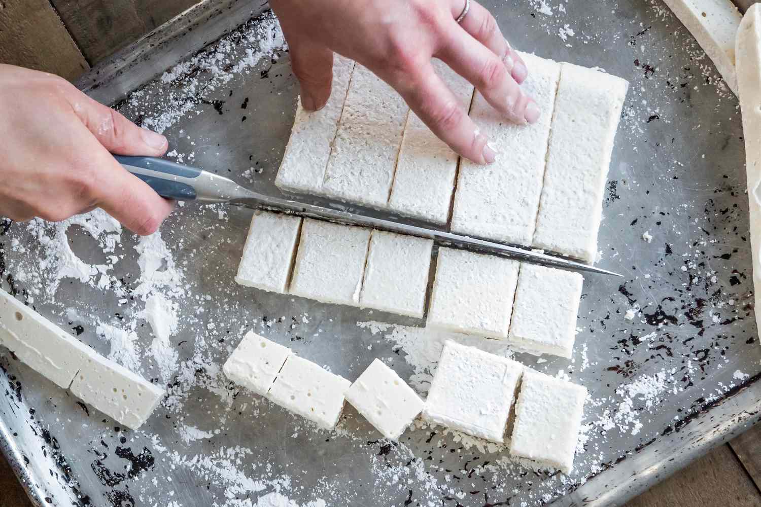 Strips of Vegan Marshmallows Cut Again, Now Forming Cubes