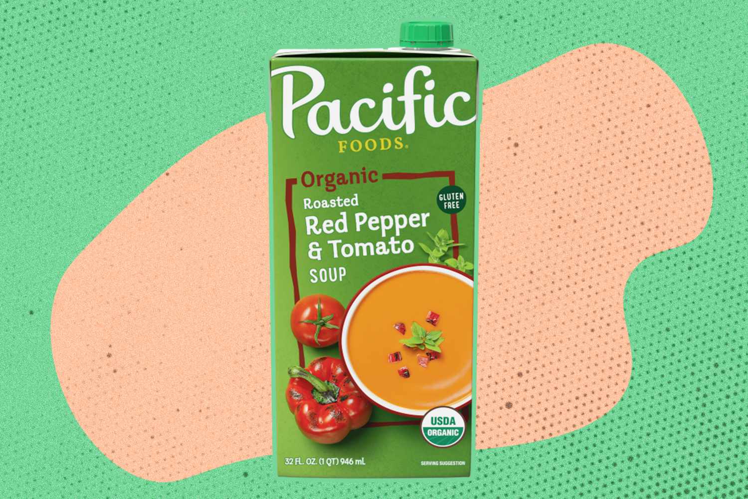 A Pacific Foods boxed soup on an illustrated background